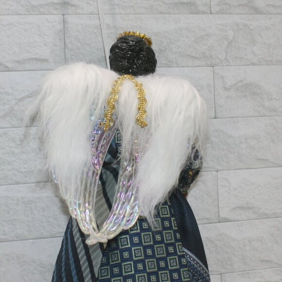 UPCYCLED Angel African American Necktie Tree Topper Table Centerpiece X-mas Blue - Picture 4 of 14